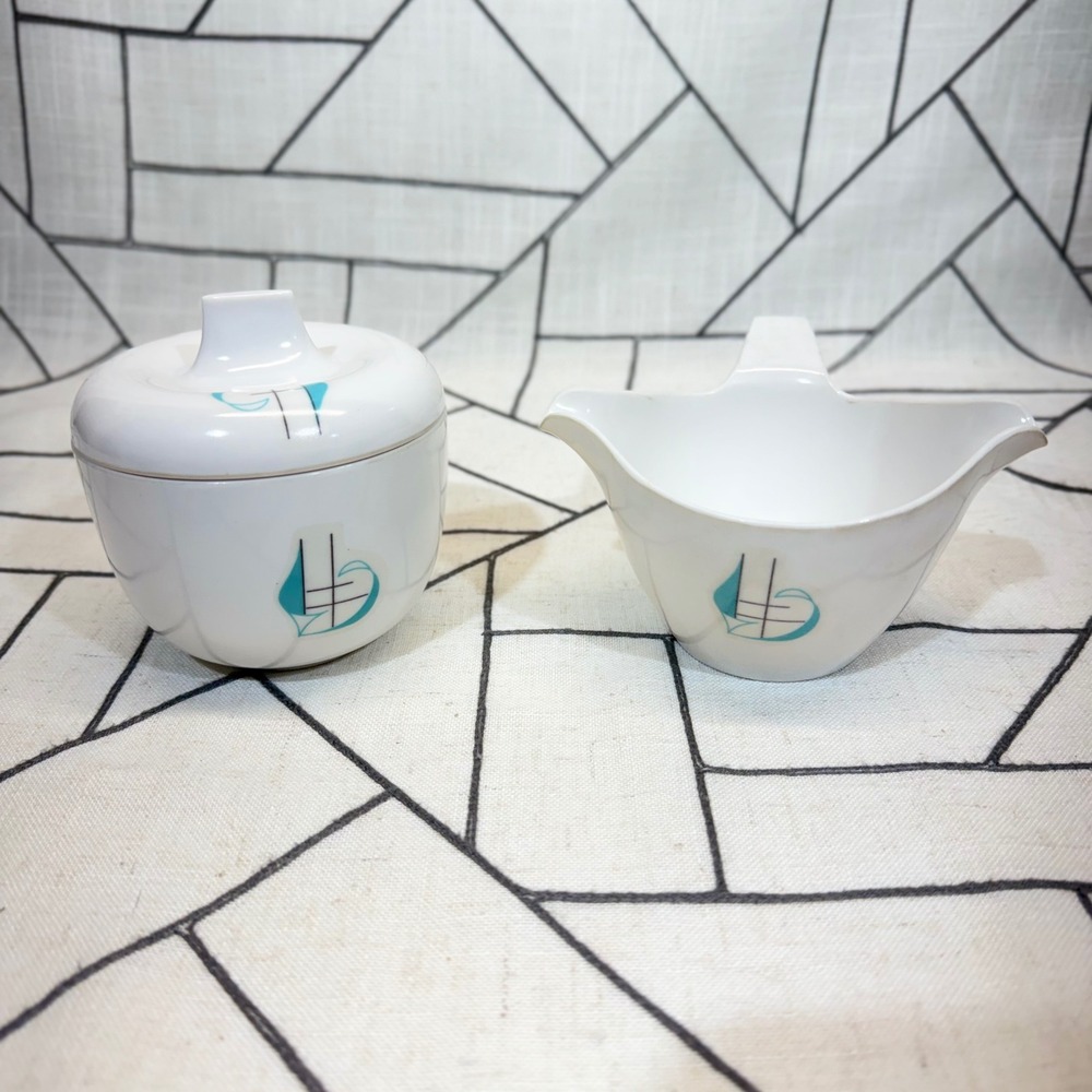 Florence Prolon Sugar Bowl Creamer Set White Teal MCM Melamine 7811